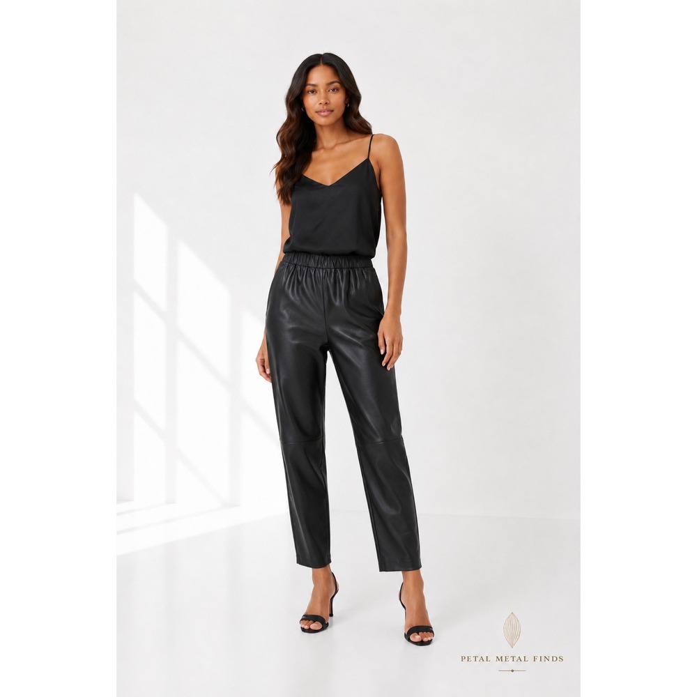 Marimekko Epoksi Black Leather Tapered‎ Cropped Trousers Elastic Waist NWT EU 40